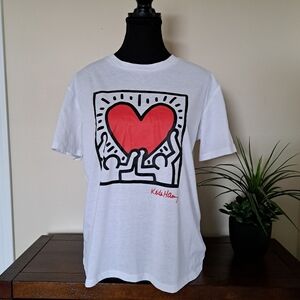 Keith Haring T-shirt Women's Small White Red Black Casual Crewneck